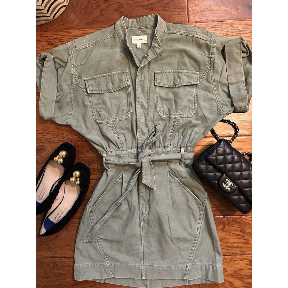 FRAME Washed Military Shirtdress Belted Short Sleeve Cargo Mini Dress Womens XXS